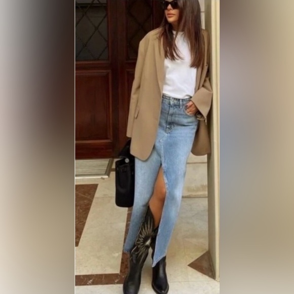 ZARA 70s Blue Cotton Denim Jean Front Vent‎ Midi Skirt Size Small - Picture 2 of 14